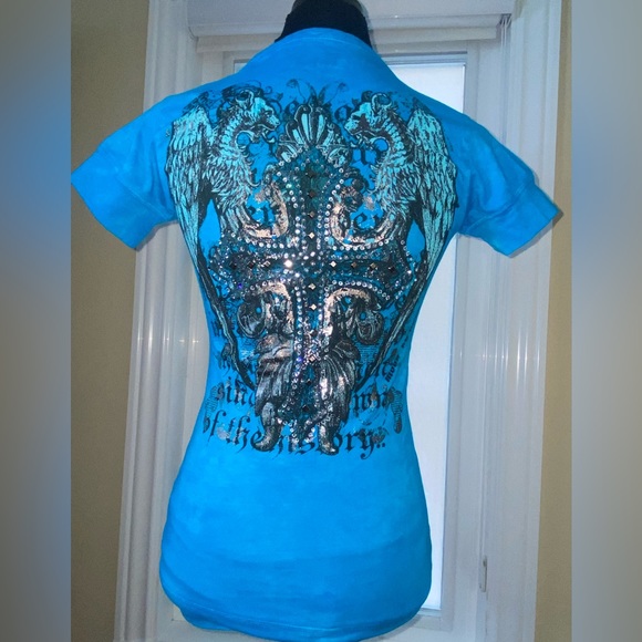 Swarovski Crystal Embellished Cross T Shirt For Women, Blue Short Sleeve Shirt - Picture 4 of 16